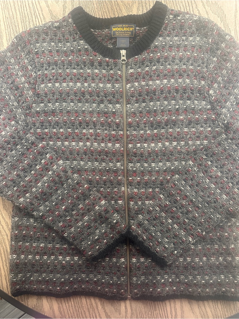 Vintage Woolrich Full Zip Wool Cardigan Textured Sweater And Black Ribbed Collar